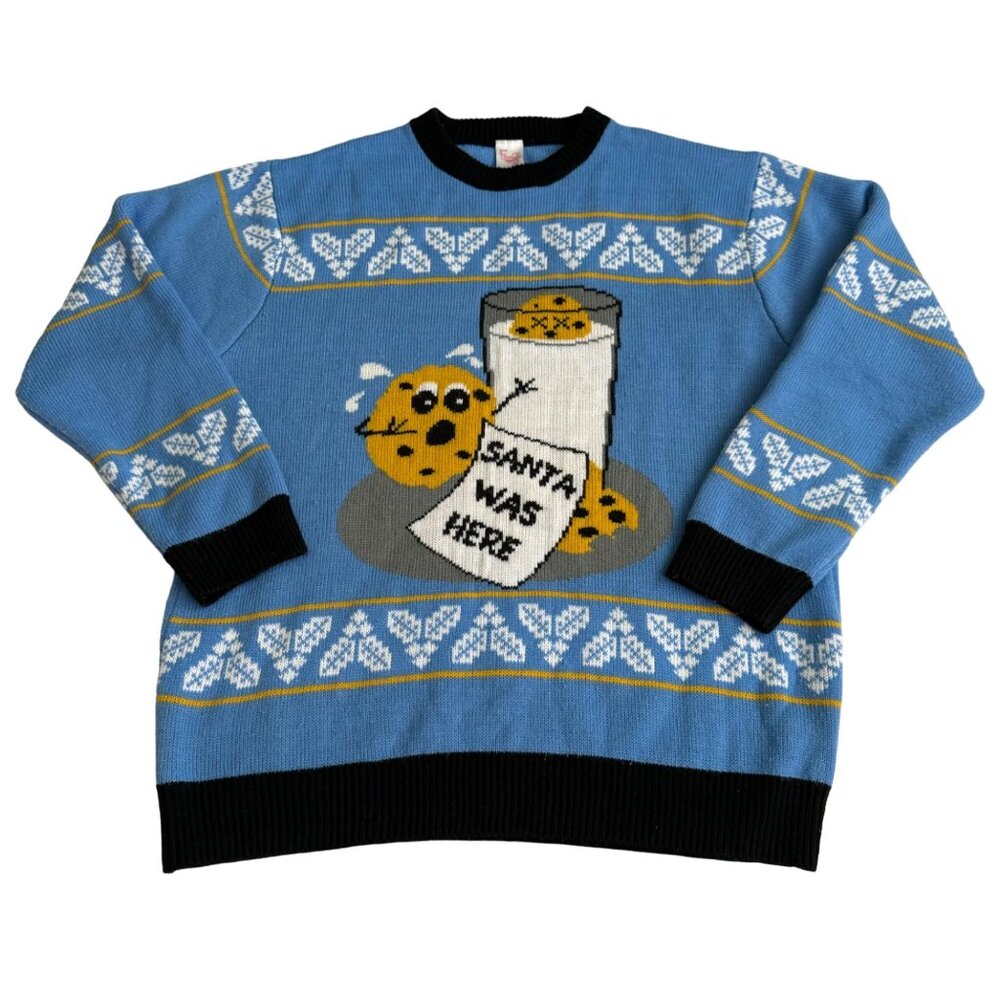 FunQi Gifts XXL Blue Ugly Christmas Sweater Unisex With Santa Was Here Design